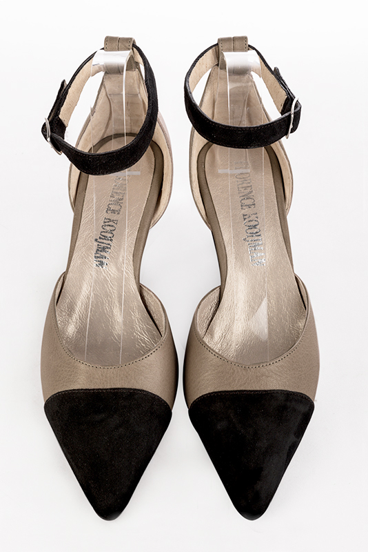 Matt black and bronze beige women's open side shoes, with a strap around the ankle. Tapered toe. Medium wedge heels. Top view - Florence KOOIJMAN